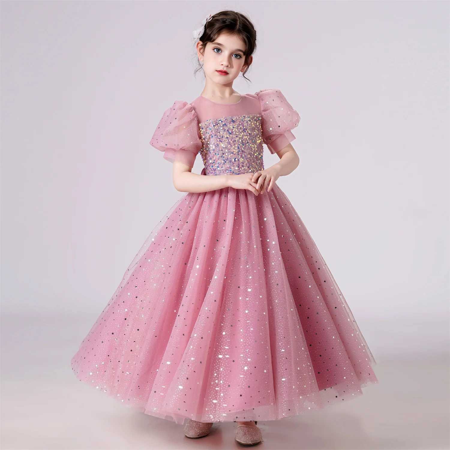 Girl's Dresses Elegant Party Dress Girl Puff Sleeve Princess Dress Wedding Childrens Sparkling Lace Birthday Party Formal Evening Dress Y250227OO