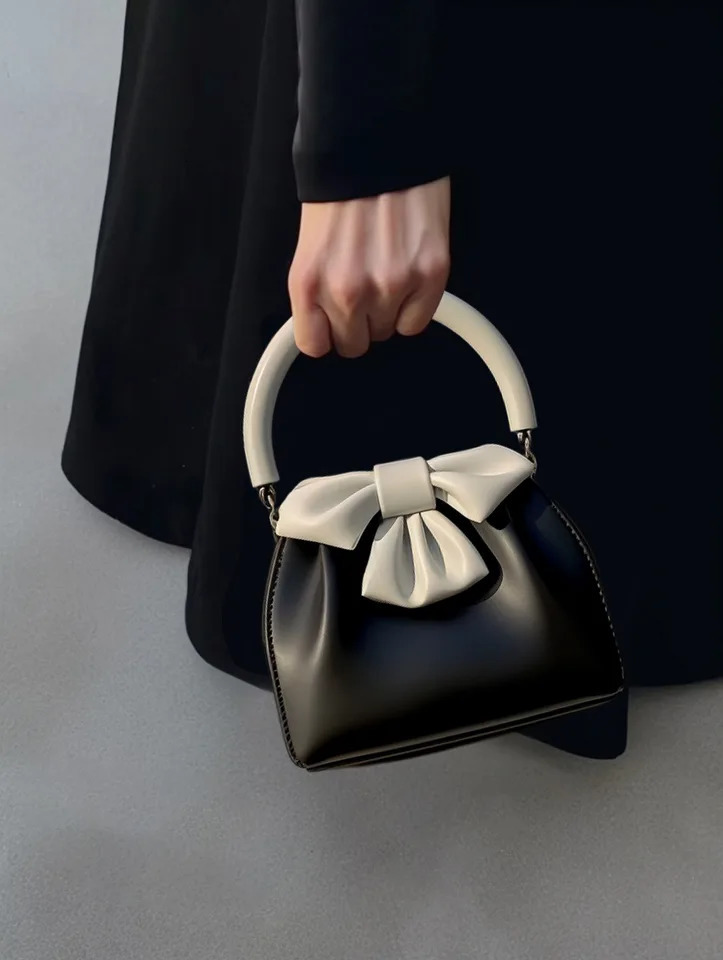 Ship from US Womens Texture Communicating Bag Fashion Handbag SpringSummer Contrastive Color Bow Top Handle 250227FBB