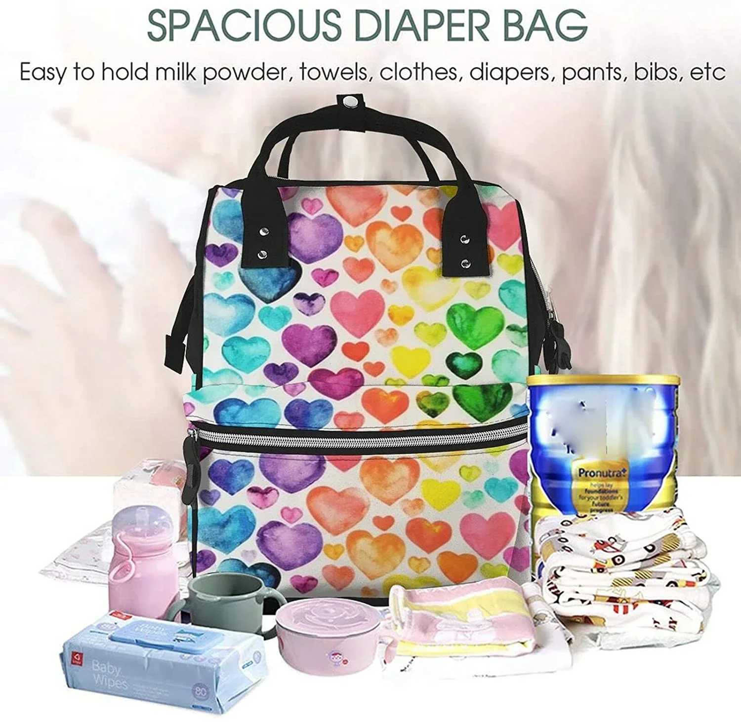 Diaper Bags Hearts Printed Mummy Backpack Diaper Bag Multi-Function Maternity Nappy BagsKid Bag with Laptop PocketStroller Straps Y250227MDL7