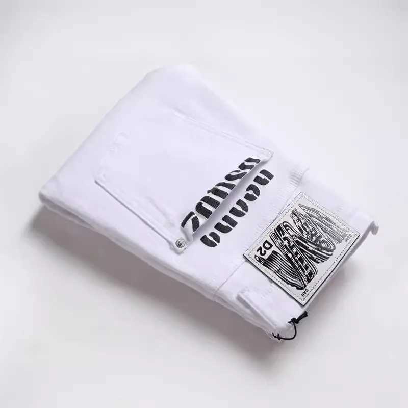 Pure white jeans mens fine pore cotton elastic four season casual cotton mens basic washing process X250227