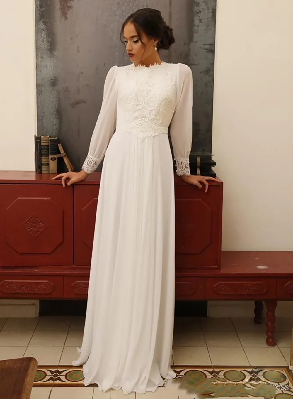 A-Line Wedding Dresses Puffy Long Sleeves High Neck Appliques Lace Floor Length Bridal Gowns Formal Dress Custom Made
