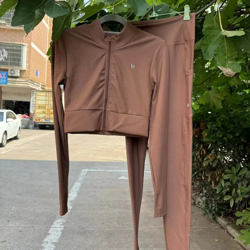 Zippered nude yoga set long sleeved V-neck top Discreet Trouser womens two-piece set 250227