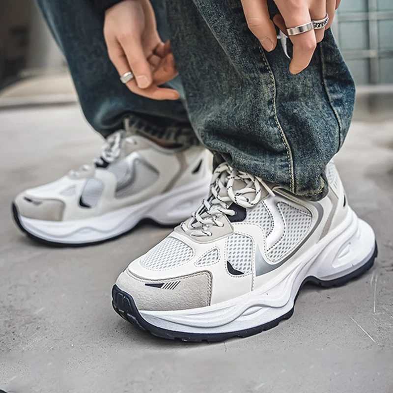 Classic Mens Sneakers 2024 Thick Sole Shock Absorbing Running Shoes Summer Breathable Mesh Sports Shoes Trendy White Shoes Z250227