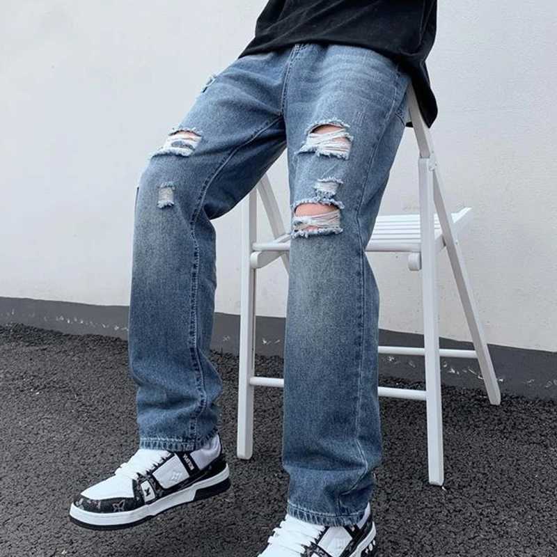 Mens open top denim jeans ripped straight casual street pants Hipster High Street Blue Pants X250227