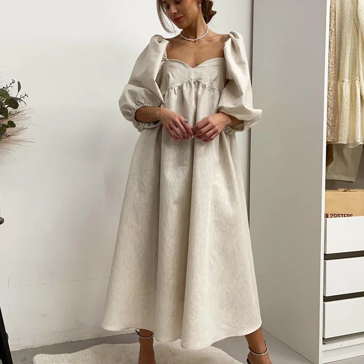 Jastie Summer Cotton And Linen Long Dress Women French Square Neck Puff Sleeve Dresses Elegant Loose Solid Big Swing Dress 250225