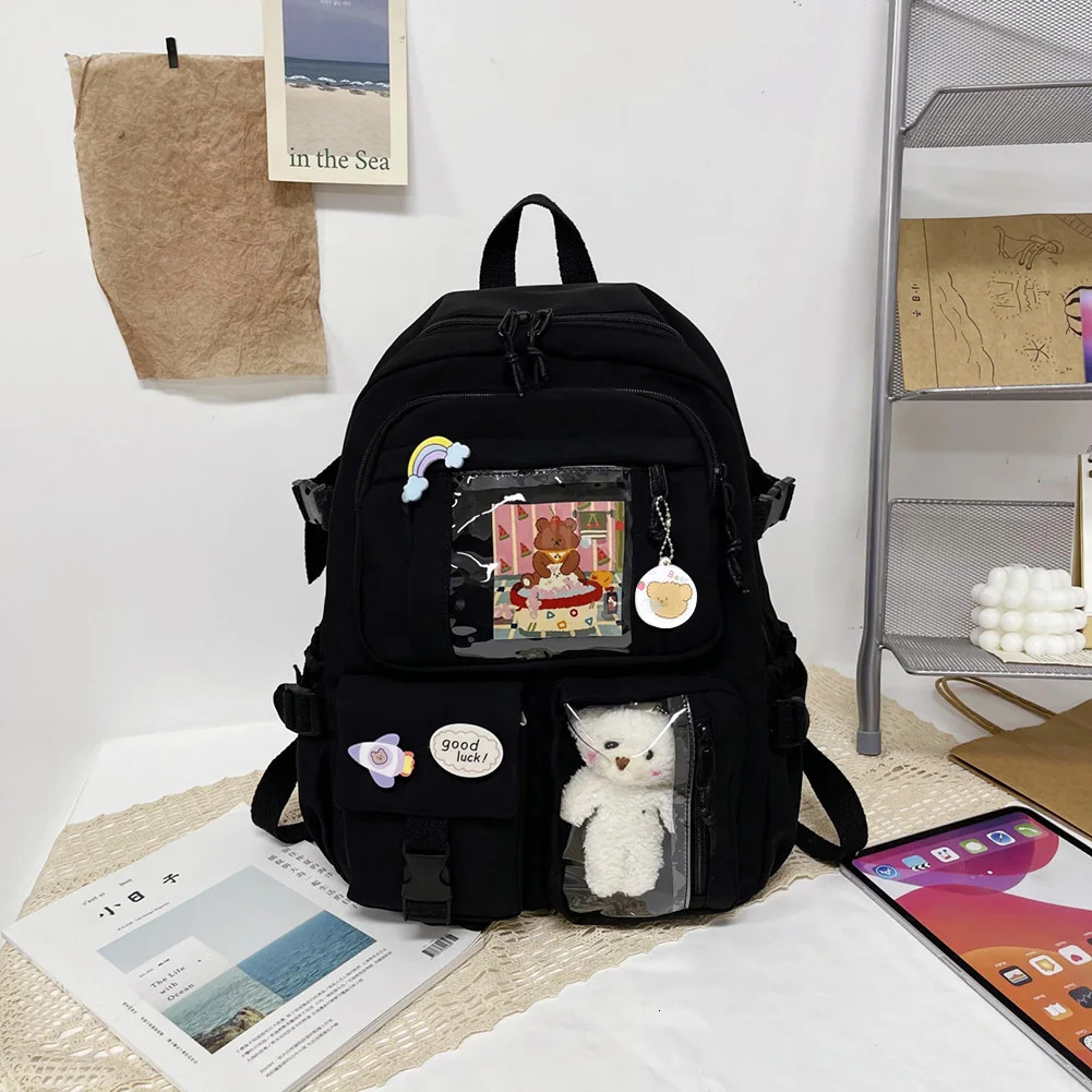 Ship from US College Student Rucksack Fashion Casual Book Bags Nylon with Plush Pendant Pin Cute Large Capacity Japanese Style for Teen Girls 250227FB