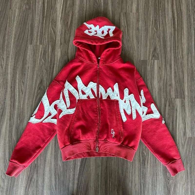 Y2K Fashion Trend Popular Love Embroidery Head Cloth Zipper Sweater Men Gothic Haruku Vintage Casual Joker Sports Hoodies Tops