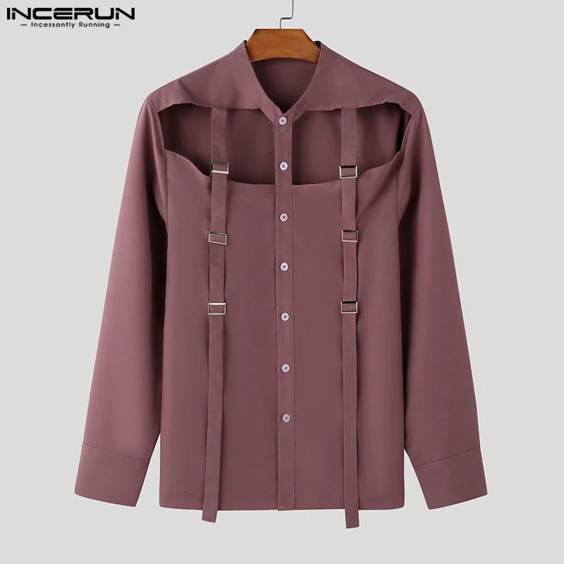 INCERUN Mens Selling Tops Stylish Hollow Ribbon Metal Buckle Shirts Handsome Male Solid Long Sleeved Casual Blouse S-5XL 250224