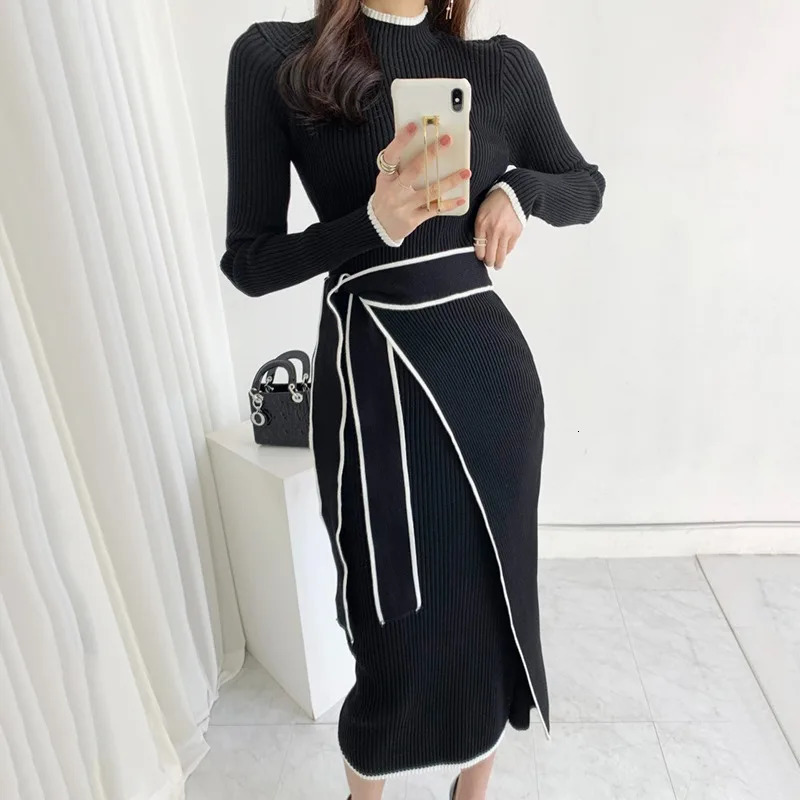 YuooMuoo Elegant Lace Turtle Neck Knitted Long Dress Korean Fashion Khaki Black Rib Bandage Tight Sweater Robe Women 250226
