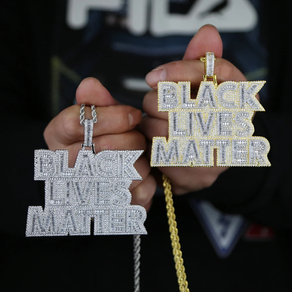 Iced Out Bling CZ Letter Black Lives Matter Pendant Necklace Two Tone Collor Cubic Zirconia Letters Charm Men Hip Hop Jewelry 250227