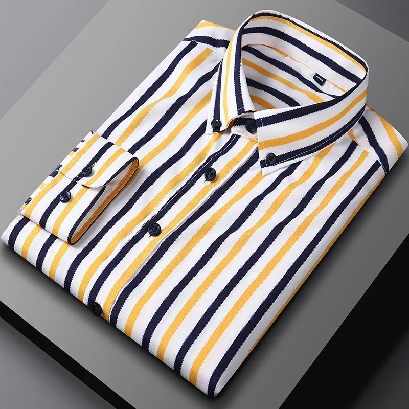 Mens long sleeve shirt spring and summer plaid stripes free ironing business casual slim solid color thin model 250226