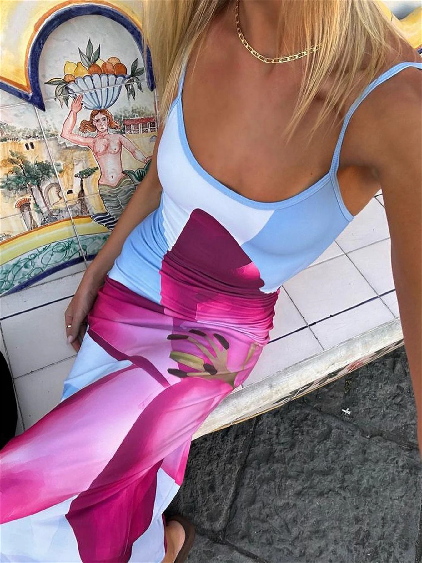 Tossy Spaghetti Strap Lily Floral Slip Dress Summer Casual Printed Maxi Dresses Backless Bodycon Slim Boho Long Sundress 250222