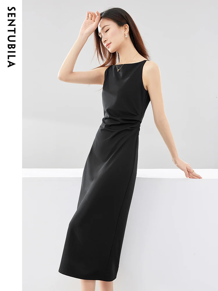 SENTUBILA Simple Party Black Midi Dress Women Spring Autumn Slim Temperament Slash Neck Sleeveless Lady Dresses Q33L52443 250226