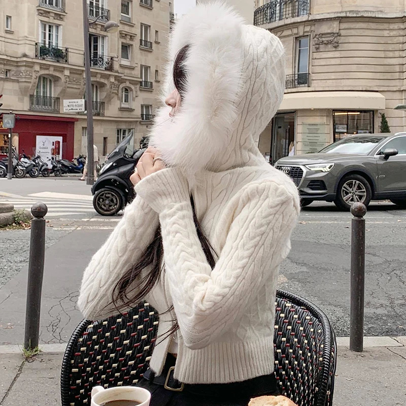 Rockmore Furry Hooded Sweaters Coat Autumn Winter Women Casual Hoodie Y2K Zipper Cropped Sweater Jacket Korean Female Knitwear 250225