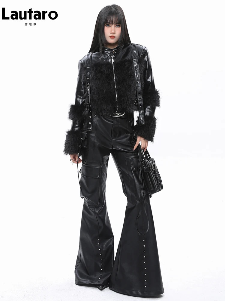 Lautaro Spring Autumn Soft Black Baggy Pu Leather Wide Leg Cargo Pants for Women High Waist y ner Emo American Clothes 250227
