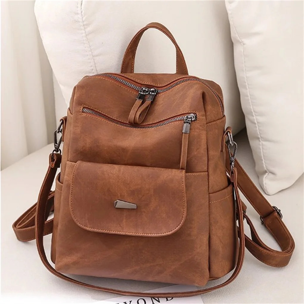 Ship from US Womens backpack wallet waterproof PU leather handbag womens casual shoulder bag brown 250227FBB