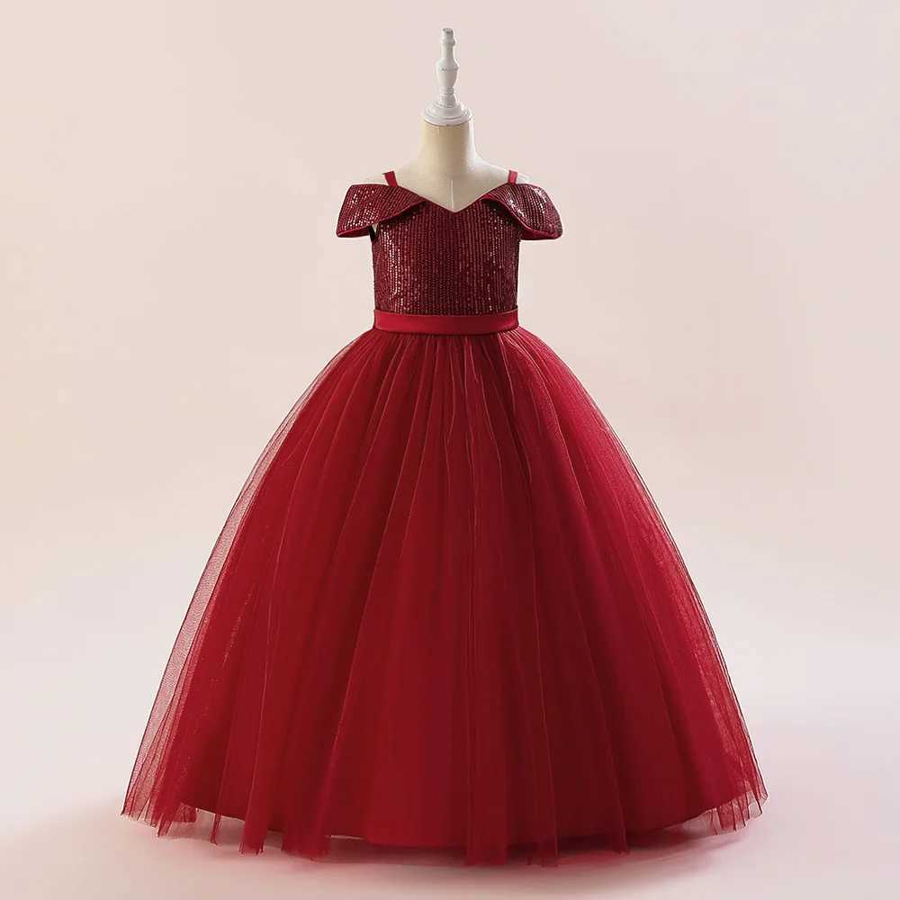 Girl's Dresses Fluffy Sequin Bridemaid Girls Dress Christmas Costumes Bow Tulle Wedding Princess Kids Party Dresses for Girl Birthday Prom Gown Y