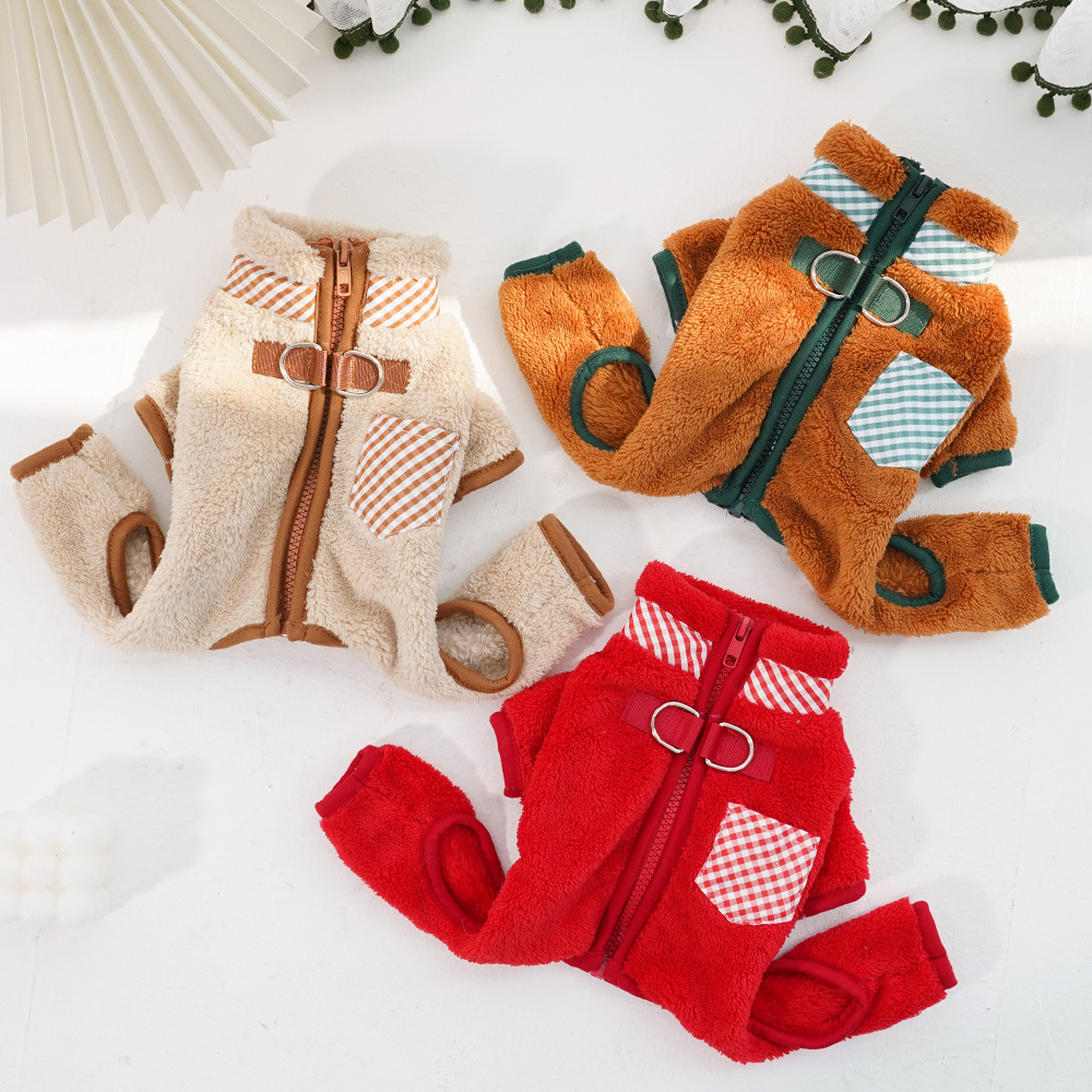 Fall - Winter Four - Legged Fleece Pet Clothes with Dual Leash Hooks for Dogs and Cats' Outings - Ideal for Teddy - style Pets