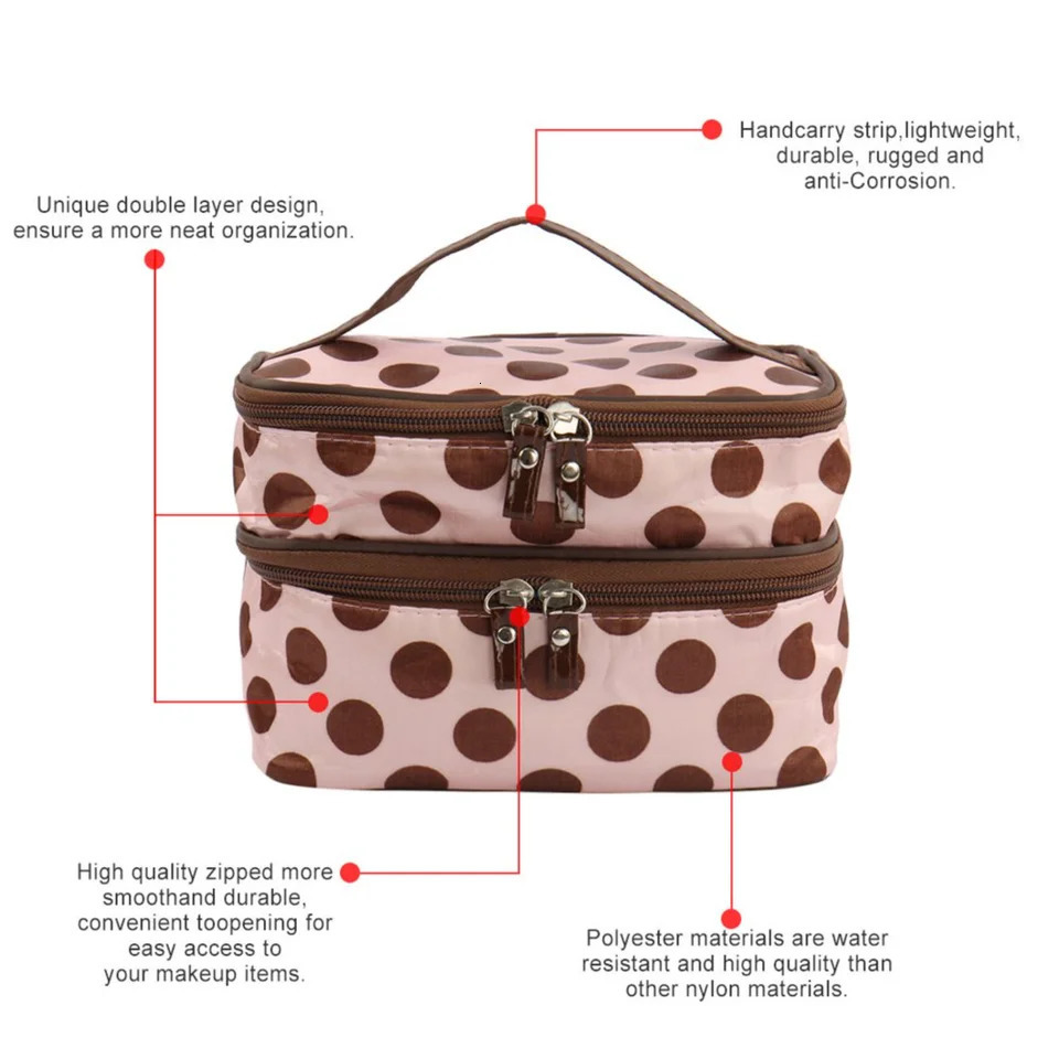 Ship from US Double Layer Dot Pattern Travel Cosmetic Makeup Bag Organizer with Mirror 250227FBB