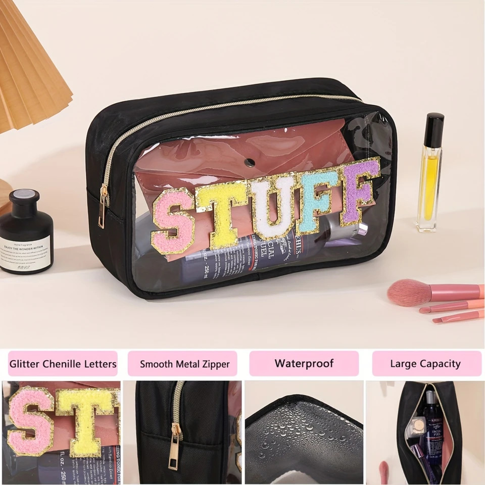 Ship from US 1pcs Clear Chenille Letter Patch Bag Preppy Makeup Bags Cosmetic Zipper Pouch Transparent Waterproof PVC Nylon Portable Travel M 250227FB