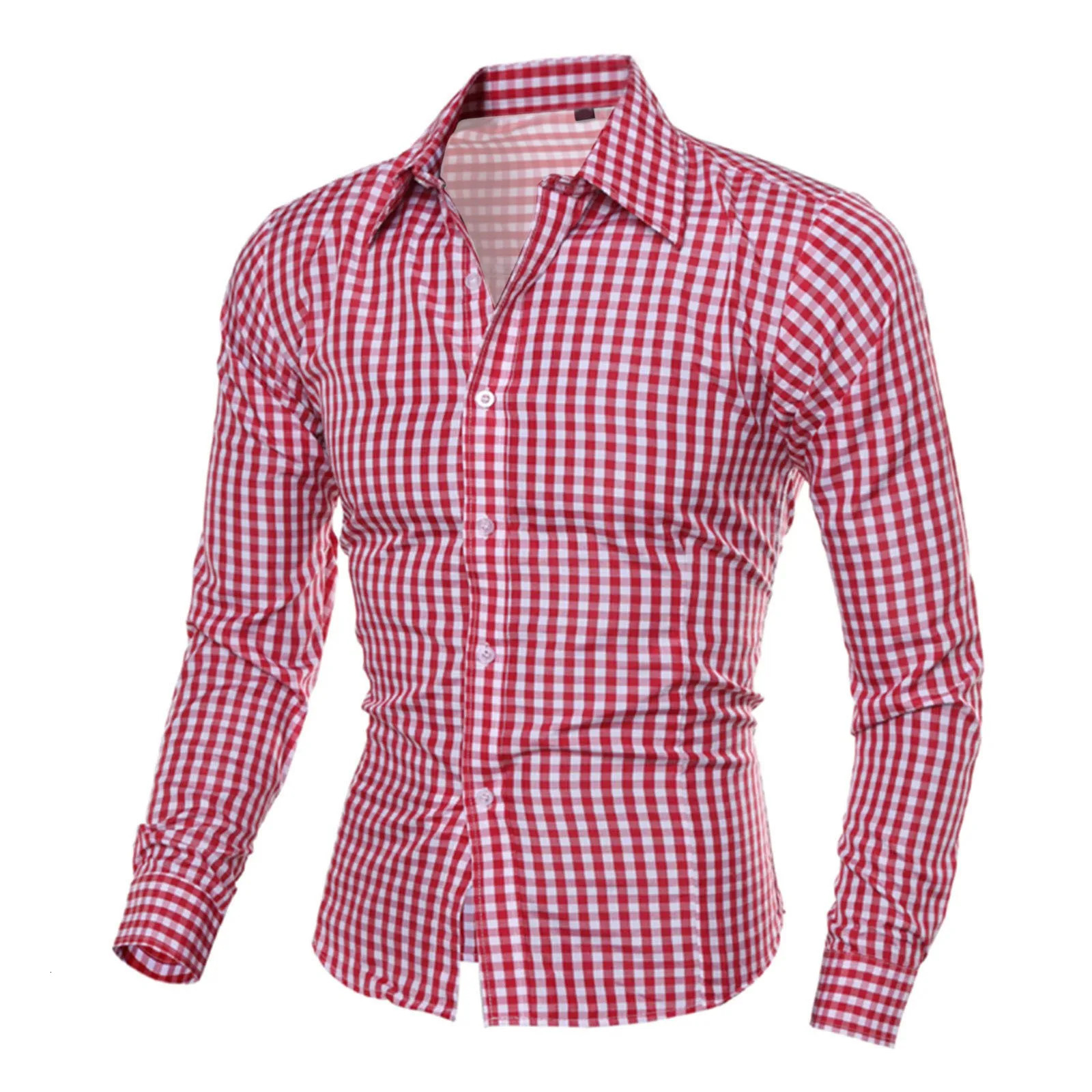 Red Plaid Printed Shirts For Men Long Sleeved Button Up Male Casual Slim Fit Tops Fashion Mens Social Shirt Clothes 250226