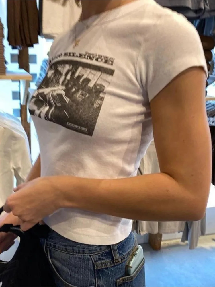 90S Vintage Classic Rock Graphic Tee Shirt Women Casual Round Neck Short Sleeve Cotton T Shirt Summer Sexy Slim Y2k Tops Chic 250227