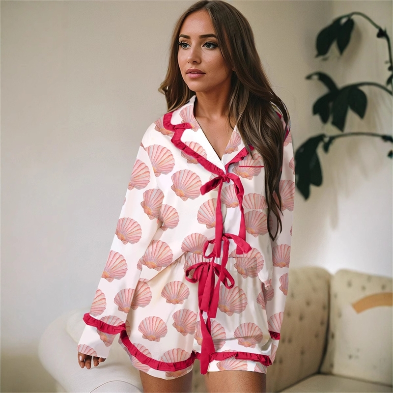 Women Tracksuits Two Pieces Set 2025 New Pleated Long Sleeved Thin Printed Valentines Day Pajamas Casual Set 5 Colors