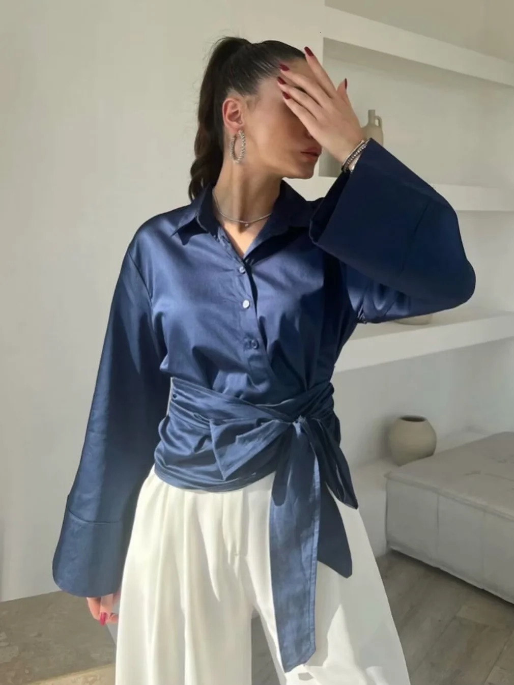 Long Sleeve Kimono Blouses With Bow Tie Black Casual Polo Neck Blouse Woman Front Button Up Double Breasted Poplin Shirts White 250226