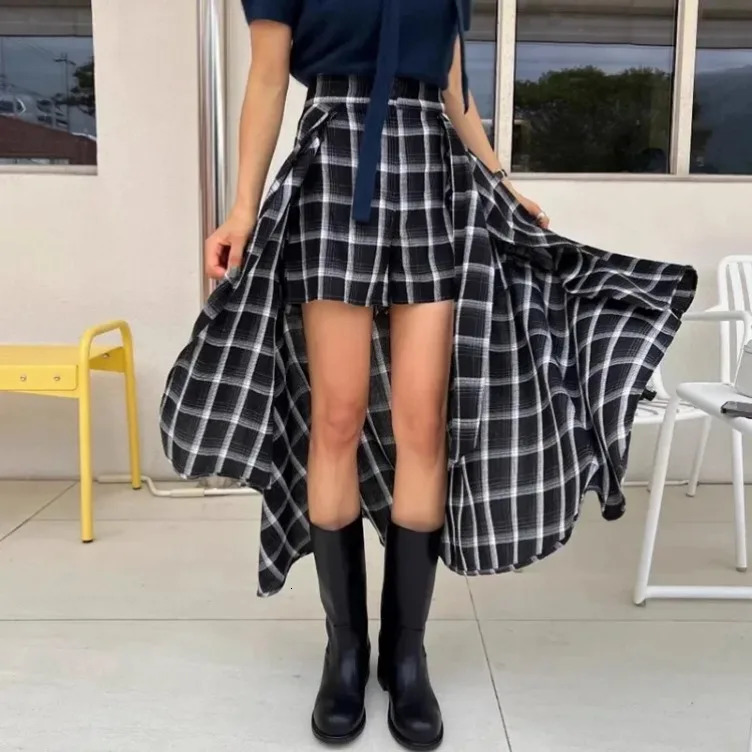 Vinage Black Plaid Skirts Y2k E- High Waist Lace Uo Skirt for Women 2025 Irregular All-match Faldas Mujer 250226