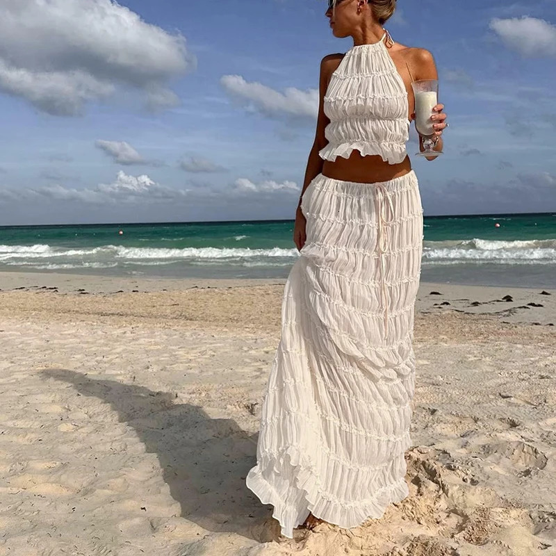 Women Boho Sexy Backless Matching Suit 2 Piece Beach Holiday Outfits Vintage Ruched Halter Cami Tops Maxi Long Skirt Party 250226