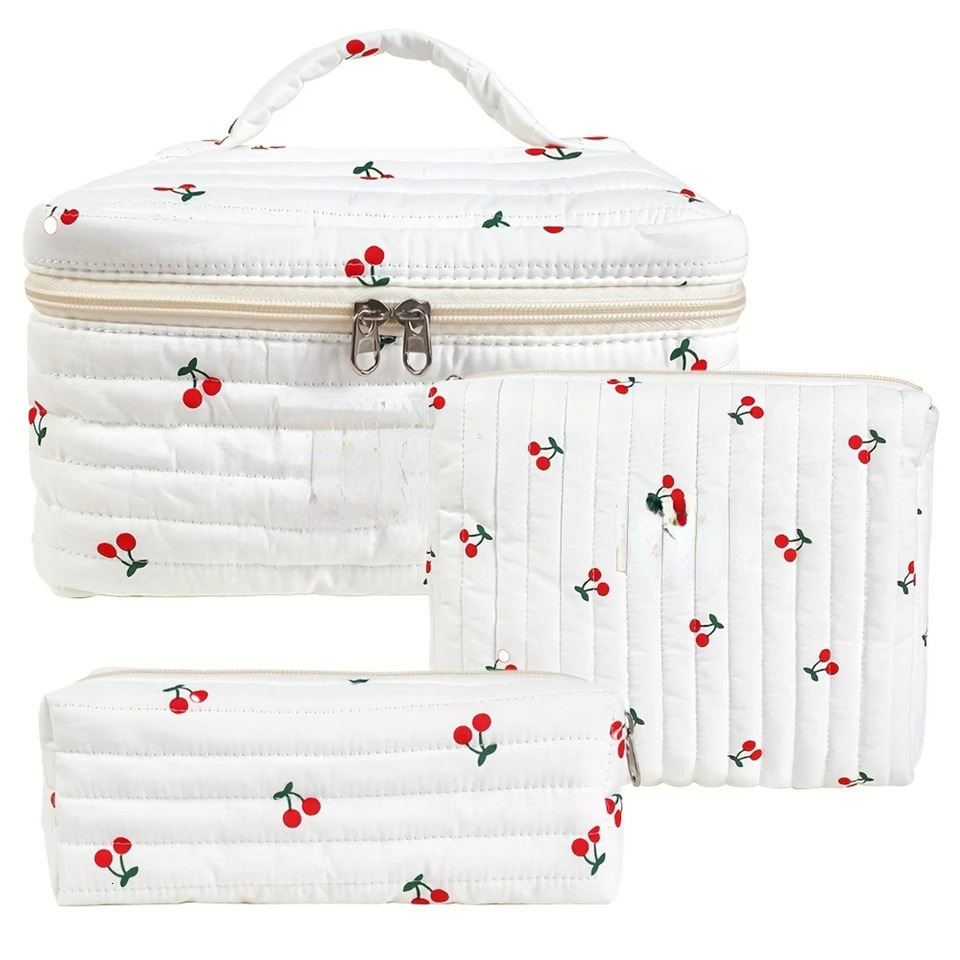 Ship from US Cherry Printed Cotton Makeup Bag Set Elegant Female Toilet Organizer Travel Gift 250227FBB