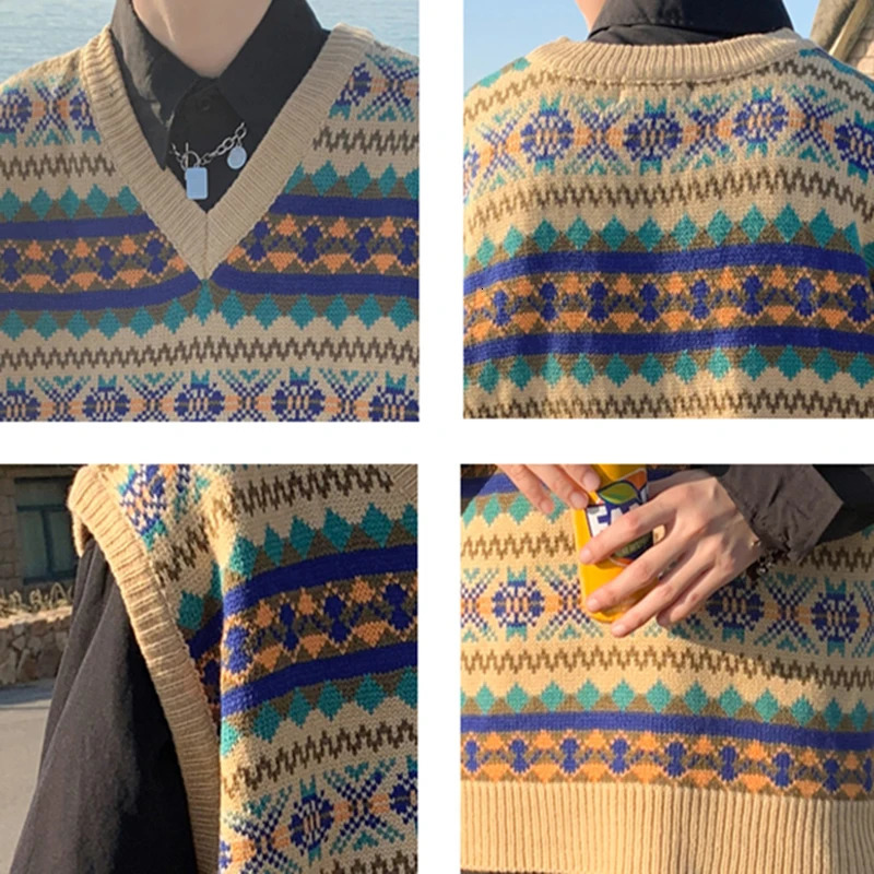 Retro warm sweater mens Vneck knitted spring loose casual long sleeved sleeveless jacquard 250225