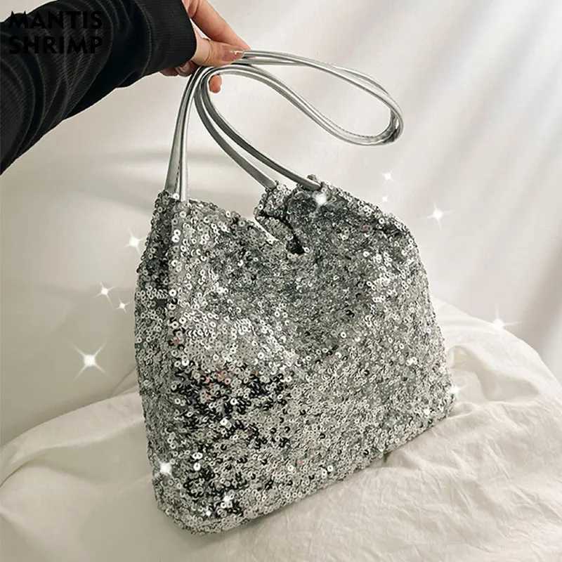 New Arrival Womens casual solid color handbag large capacity sequin handbag luxurious sparkling bucket handbag womens shoulder bag T250227