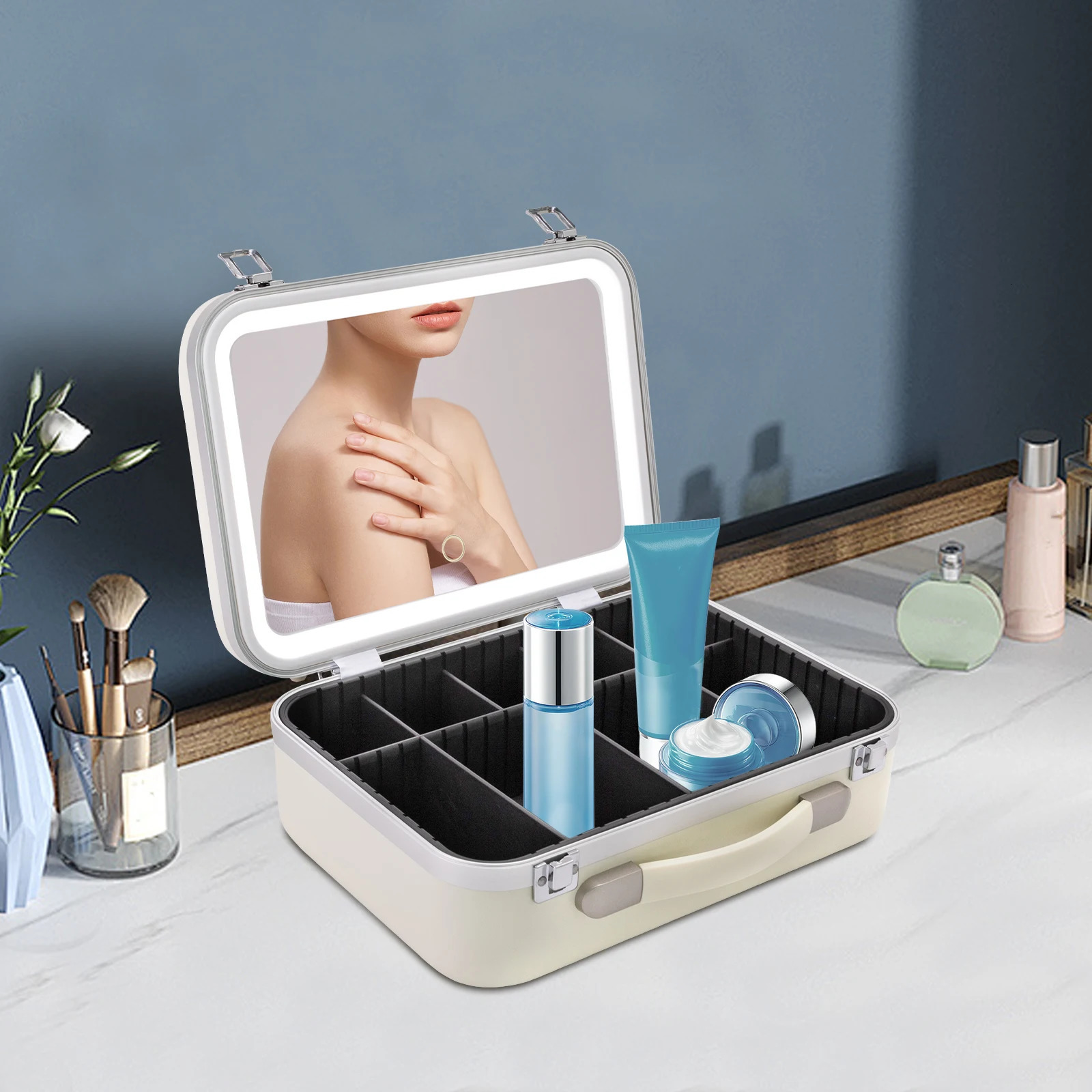 Ship from US White Makeup Organizer Box with Upgraded Halogen Light and Mirror Premium Cosmetic Storage Case 250227FBB