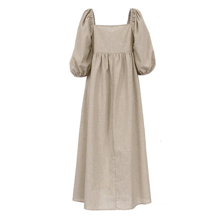 Jastie Summer Cotton And Linen Long Dress Women French Square Neck Puff Sleeve Dresses Elegant Loose Solid Big Swing Dress 250225
