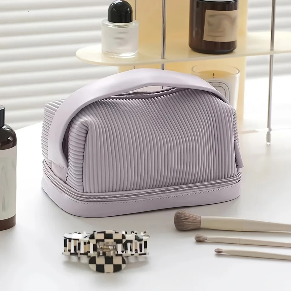 Ship from US Large Capacity Travel Cosmetic Bag Portable Leather Makeup Pouch Vertical Strip Clutch Womens y Washbag Toiletry Kit 250227FBB