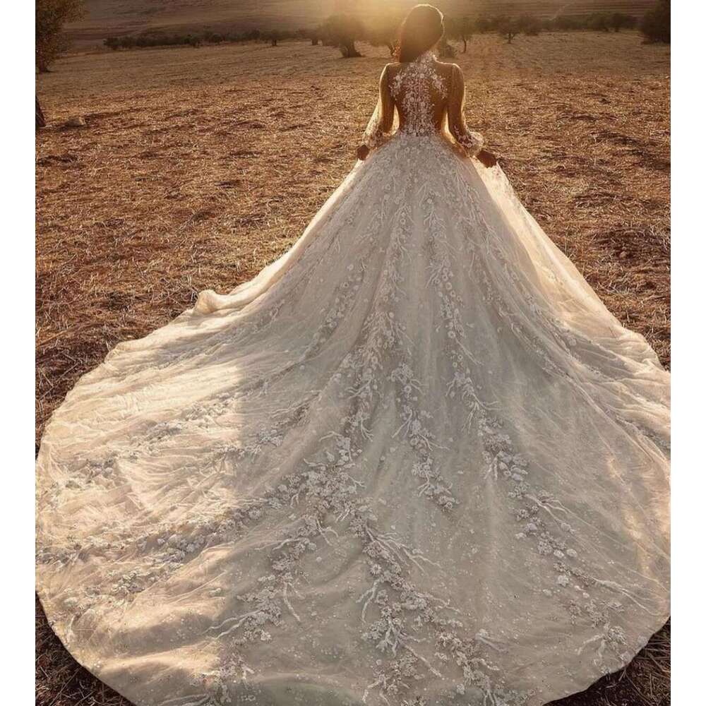 Classic Ball Gown 3d-ral Dresses Appliques Lace Illusion Tulle Chapel Wedding Dress Zipper Custom Bridal Robe