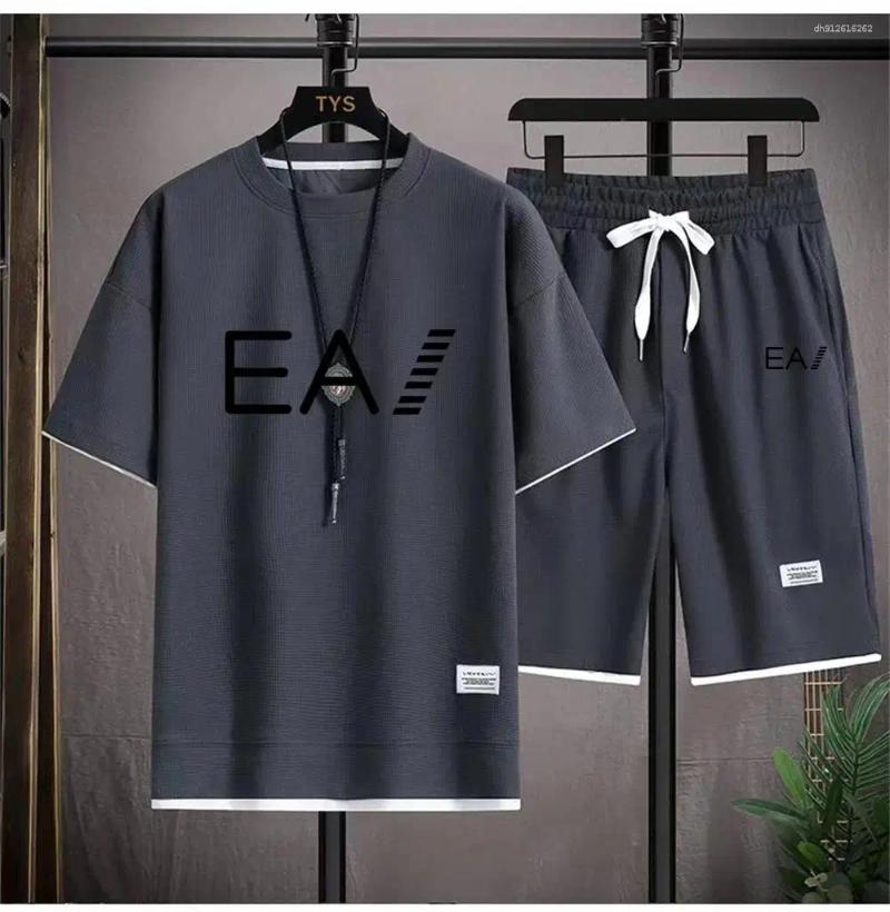 Men's Tracksuits Summer Breathable Waffle Set Crewneck Short Sleeve Track Shorts Two-piece Printed With Letters EA1