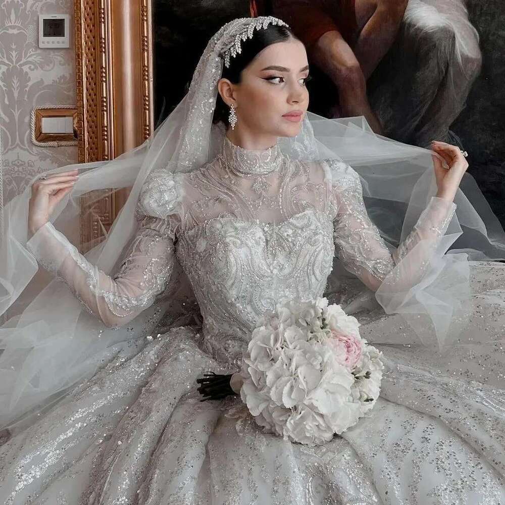 Ball Gown with Lace Appliques,Ball Gown,Wedding Dresses,Sequins,Shoulder Pad,Lace Up Bridal,Sweep Train,Custom Made