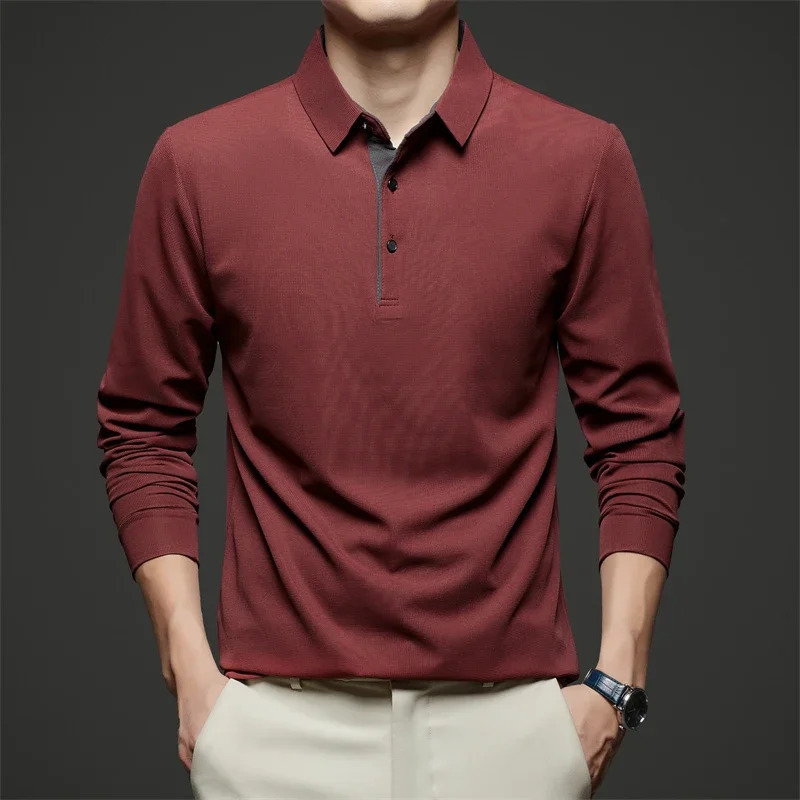 Mens Business Casual Long Sleeve Solid Color Polo Shirt Fashionable Warm Comfortable Four Seasons Versatile Top 250227