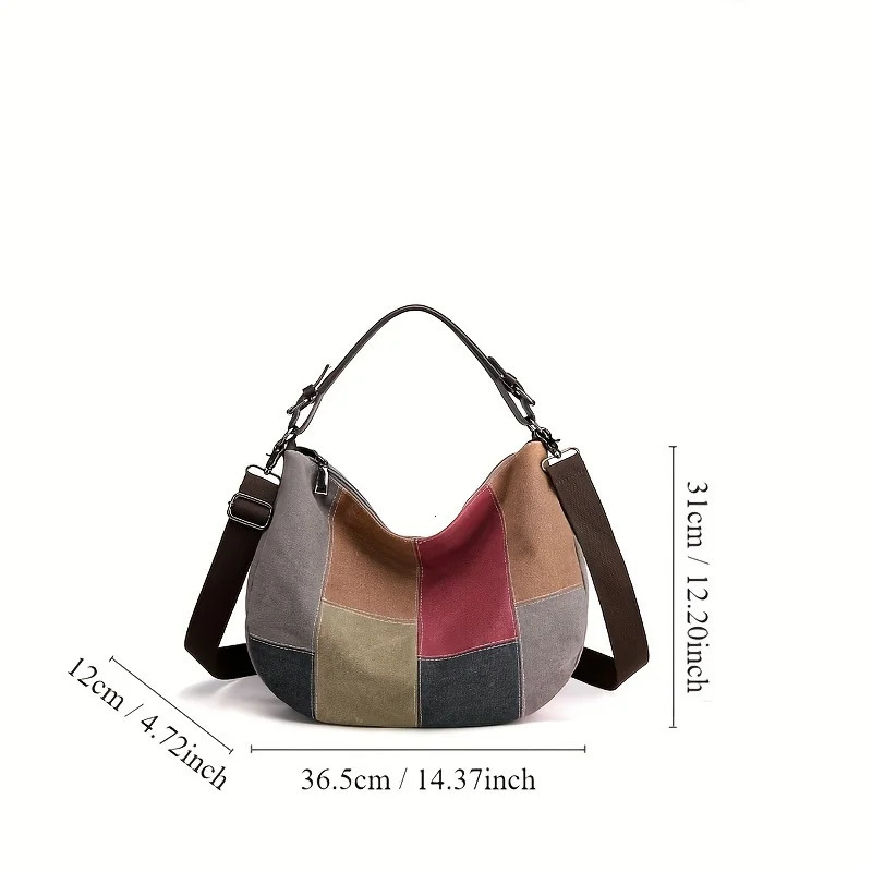 Ship from US Retro Patchwork Canvas Hobo Bag | Fashion Shoulder Tote Vintage Style Handbag With Adjustable Strap Chic Casual Daily Purse 250227FBB