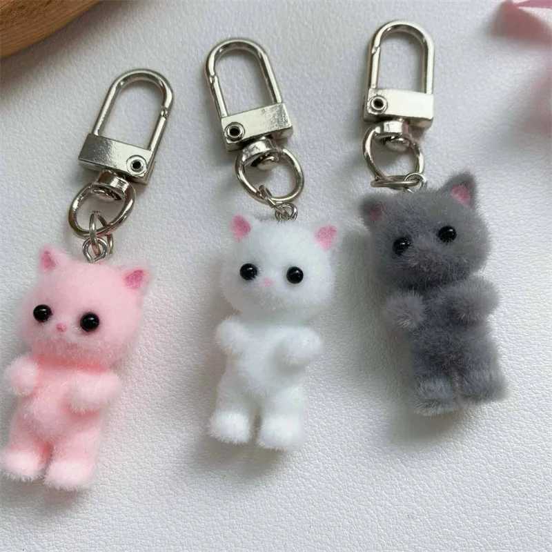 Cute 3D Flocking Kitten Keychain Cat Couple Mobile Phone Pendant Car Keyring Earphone Backpack Charms Bag Decor Z250227