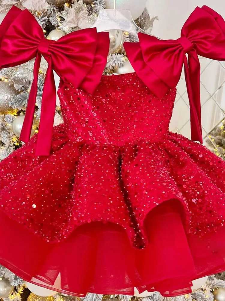 Girl's Dresses Girls Red Mesh Dress Luxury Sleeves Elegant Girls Evening Dress Summer Fashionable Sequin Princess 3-10 Y girls graduate dress Y25