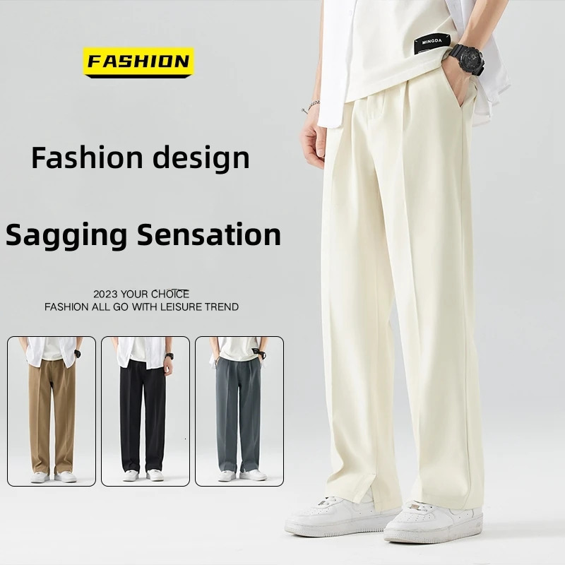 Casual Suit Pants Light Thin Korean Mens Pants Straight Loose Semi-Wide Sweatpants Soft Wide Leg Long Baggy Trousers 250225