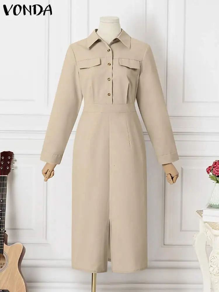 Office Dress VONDA Elegant Women Summer Long Sleeve Long Shirt Sundress Robe Fashion Dress Casual Solid Color Midi Dresses 250226
