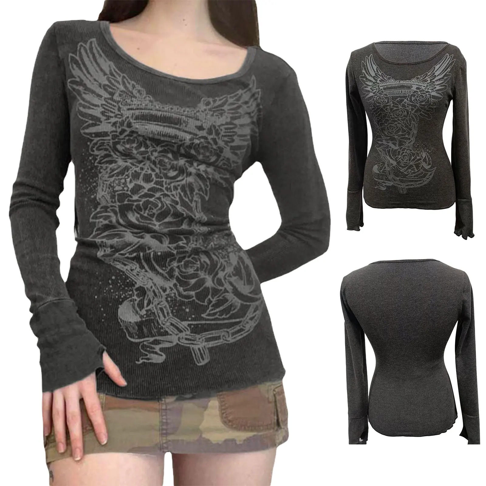 2000s graphic Tshirt retro fairy Glenge floral wing printed long sleeved top y2k womens basic Harajuku 250226