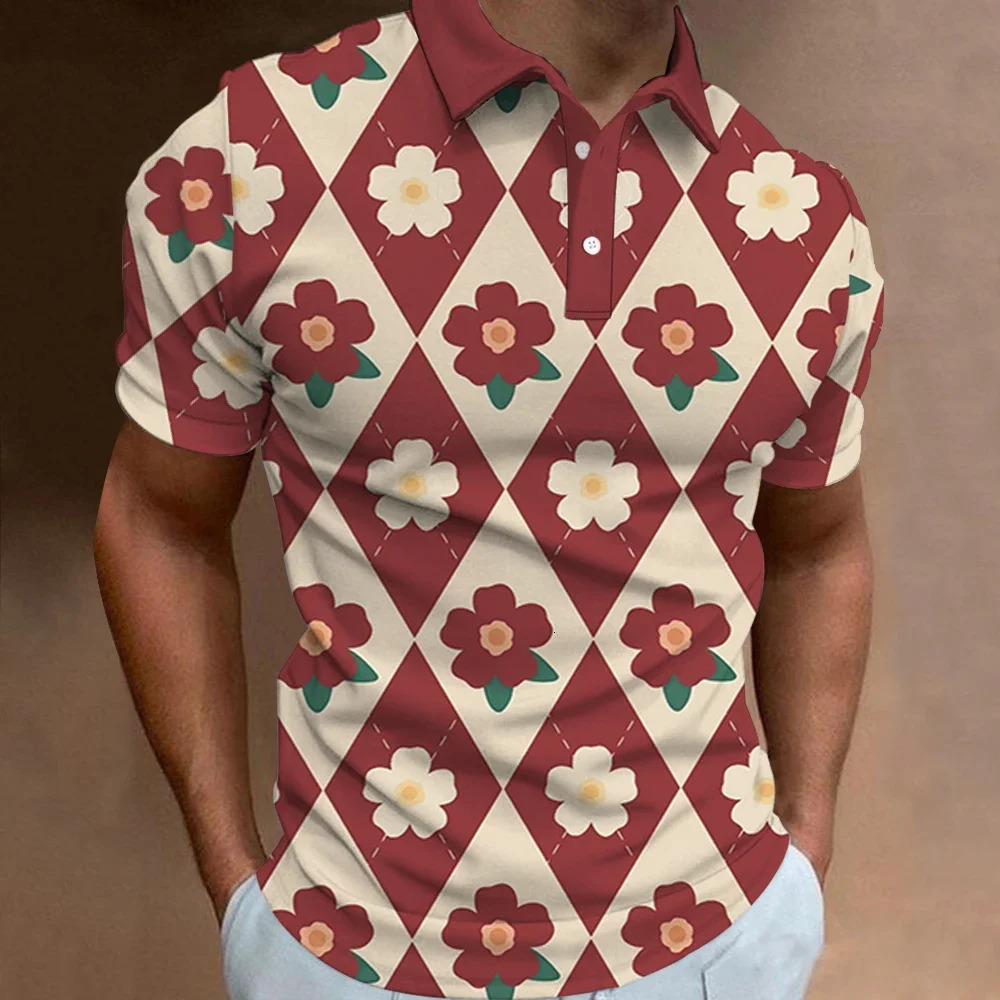 Mens Polo Shirt Summer Street Casual Short Sleeve Flower Print Buttons Tops Fashion Pullover Oversized Clothing Male Golf Wear 250227