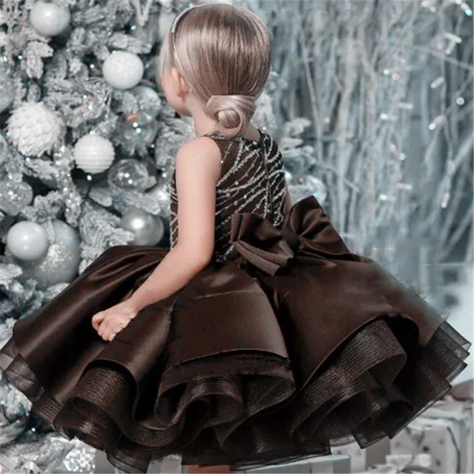 Girl's Dresses Brown Cute Flower Girl Dress Satin Tulle Fluffy Glitter Bow Sleeveless Wedding Birthday Gift Party Princess Dress Y25022755Q3