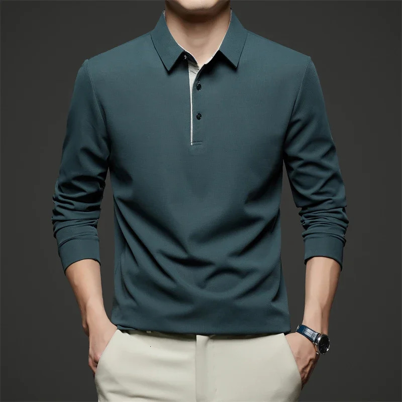Mens Business Casual Long Sleeve Solid Color Polo Shirt Fashionable Warm Comfortable Four Seasons Versatile Top 250227