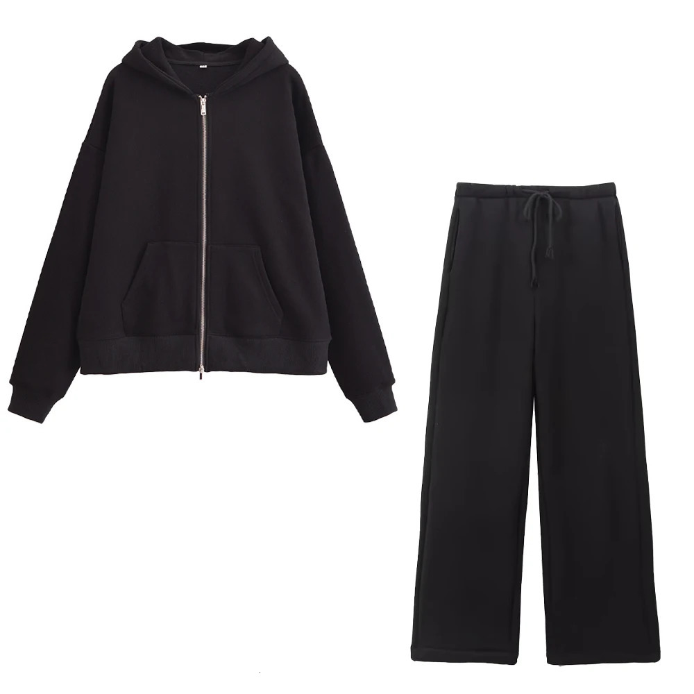 Taop Za autumn womens fashionable casual zipper decoration hooded long sleeved sportswear jacket wide leg pants set 250226